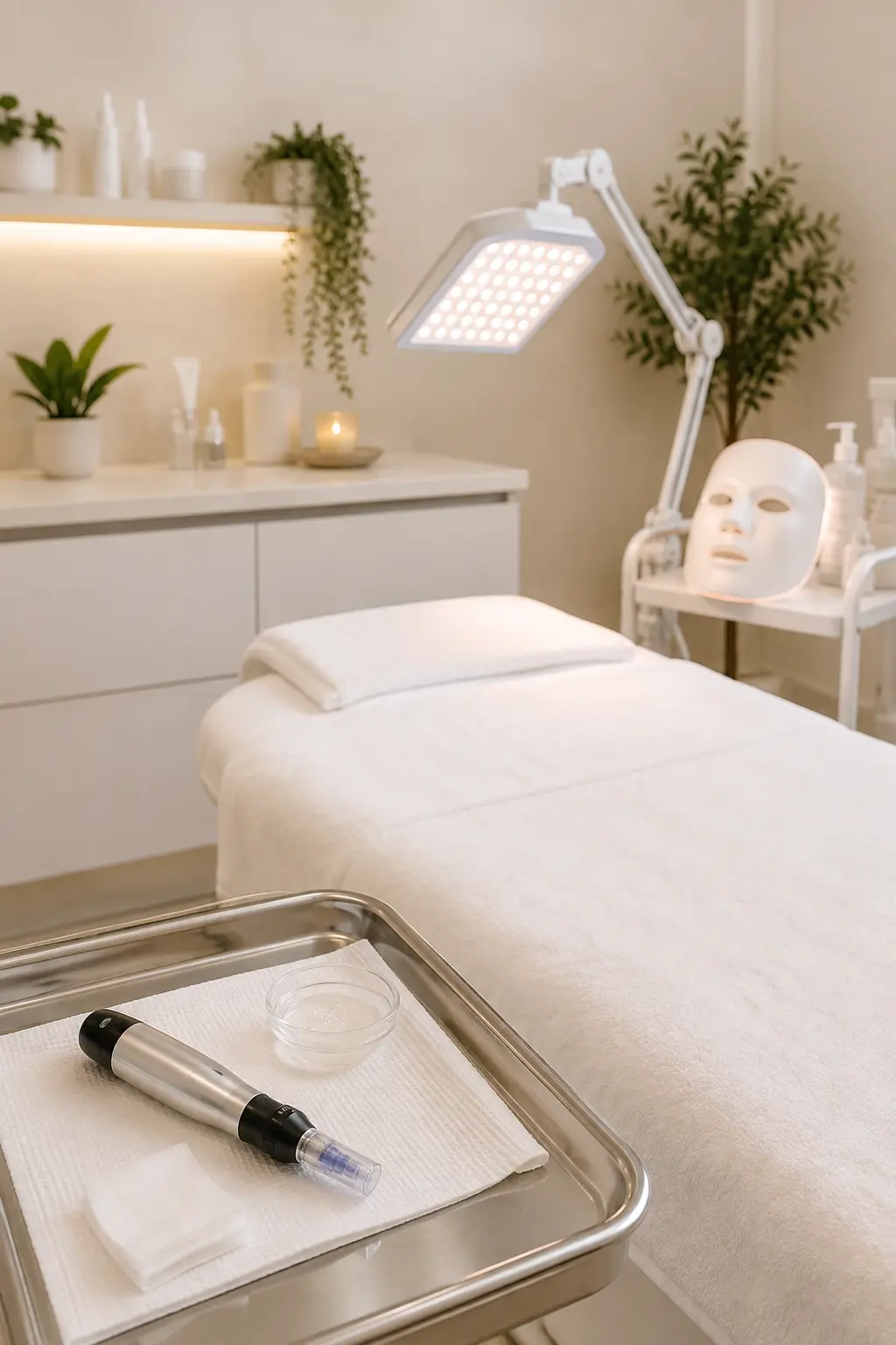 Esthetician explaining microneedling collagen induction therapy foundations in a professional skincare treatment room