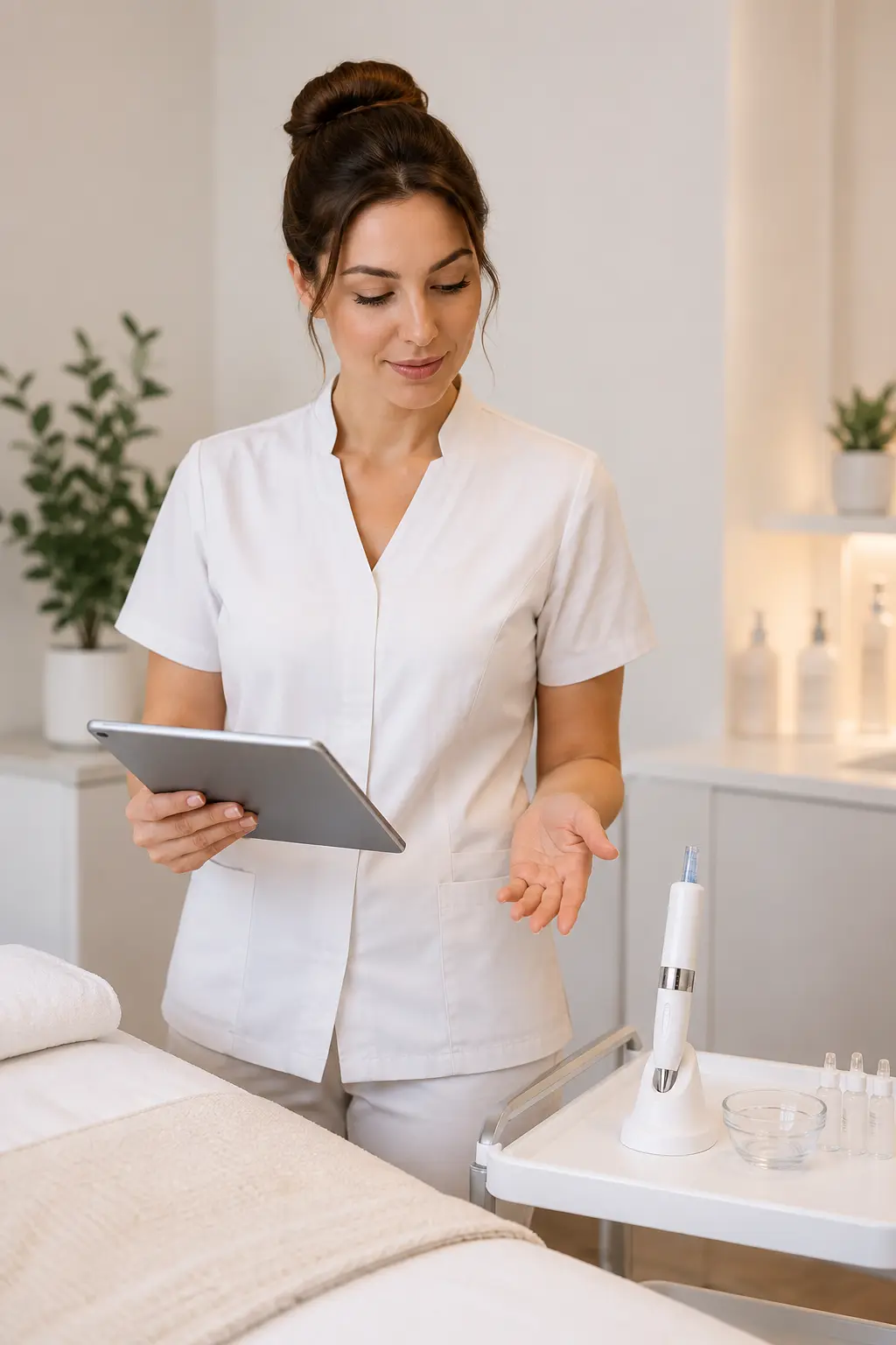Masked esthetician reviewing client safety notes and sterile microneedling tools before a professional treatment