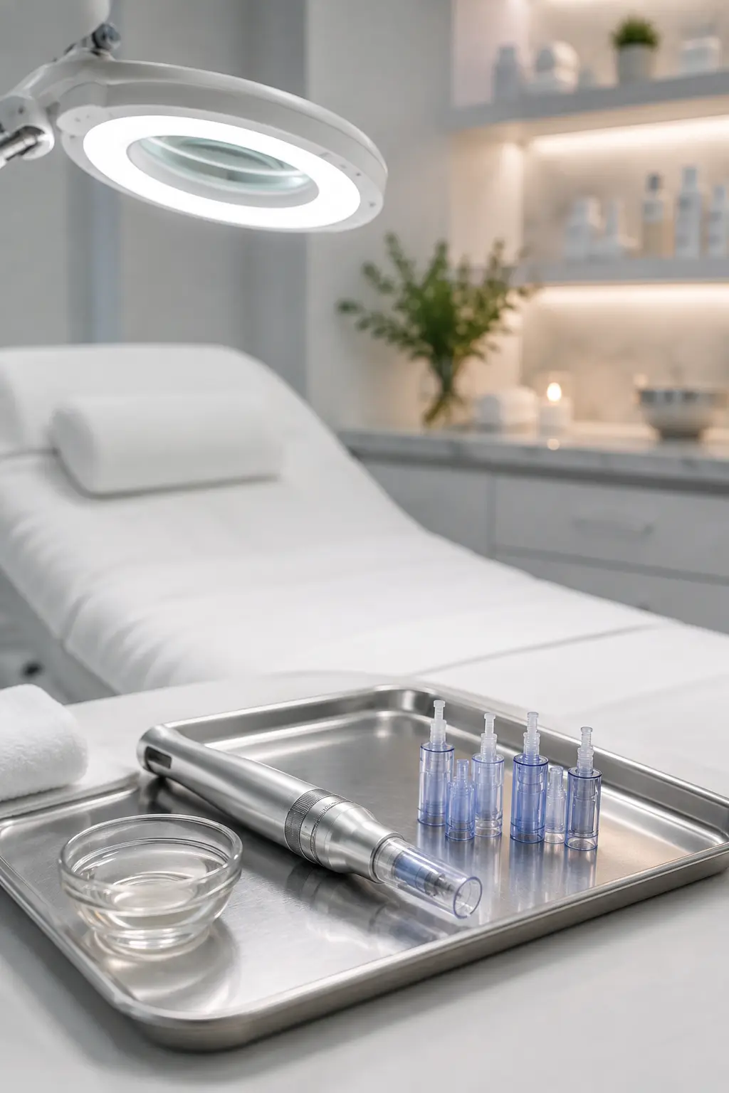 Esthetician preparing microneedling device technique with sterile tools and treatment bed in a clinical spa setting