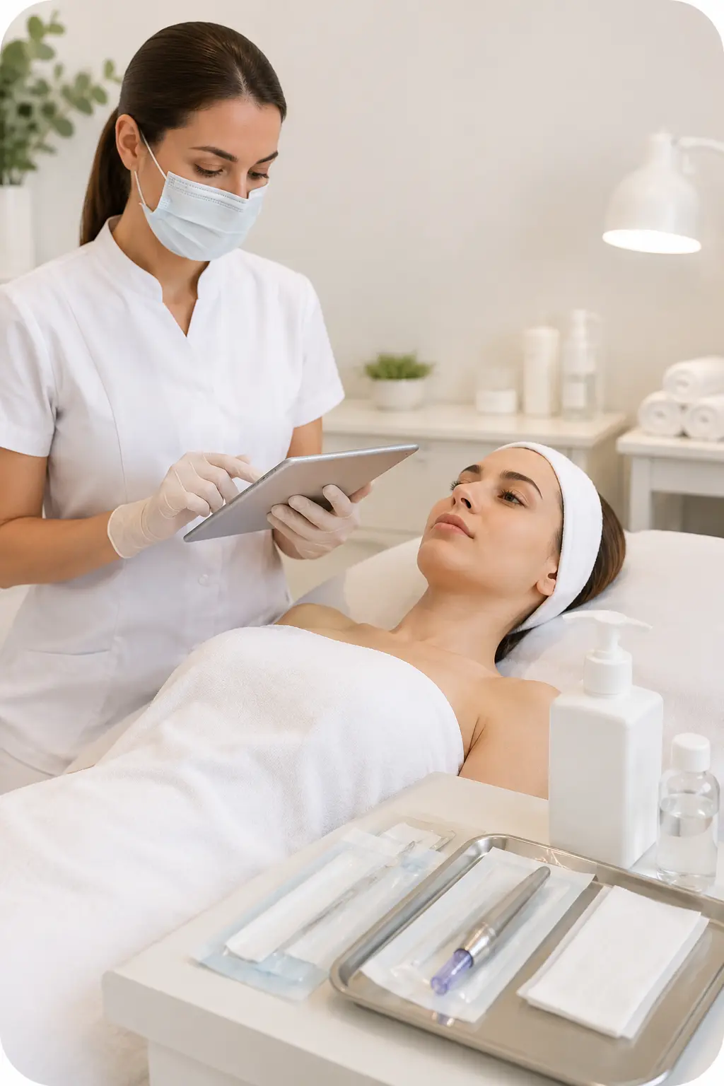 Professional post microneedling recovery setup with hydrating skincare products and calm treatment room