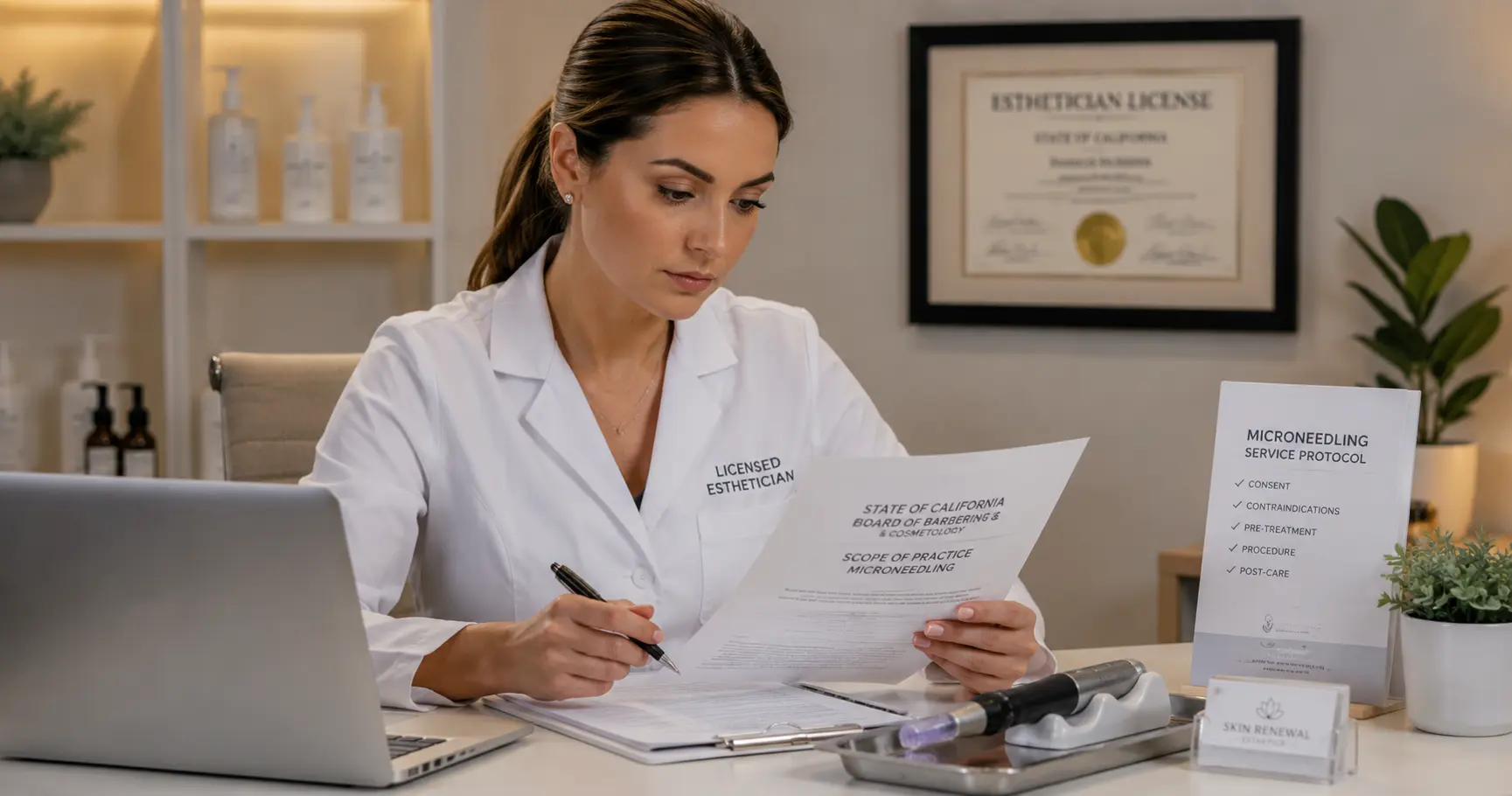 Licensed esthetician reviewing state scope of practice regulations for microneedling in a professional clinical setting