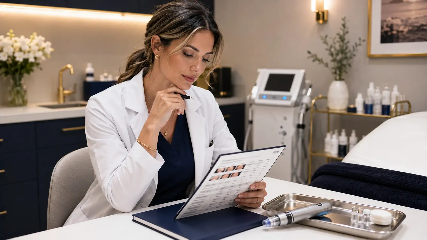 Professional esthetician reviewing microneedling pricing and service menu strategy in a treatment room setting