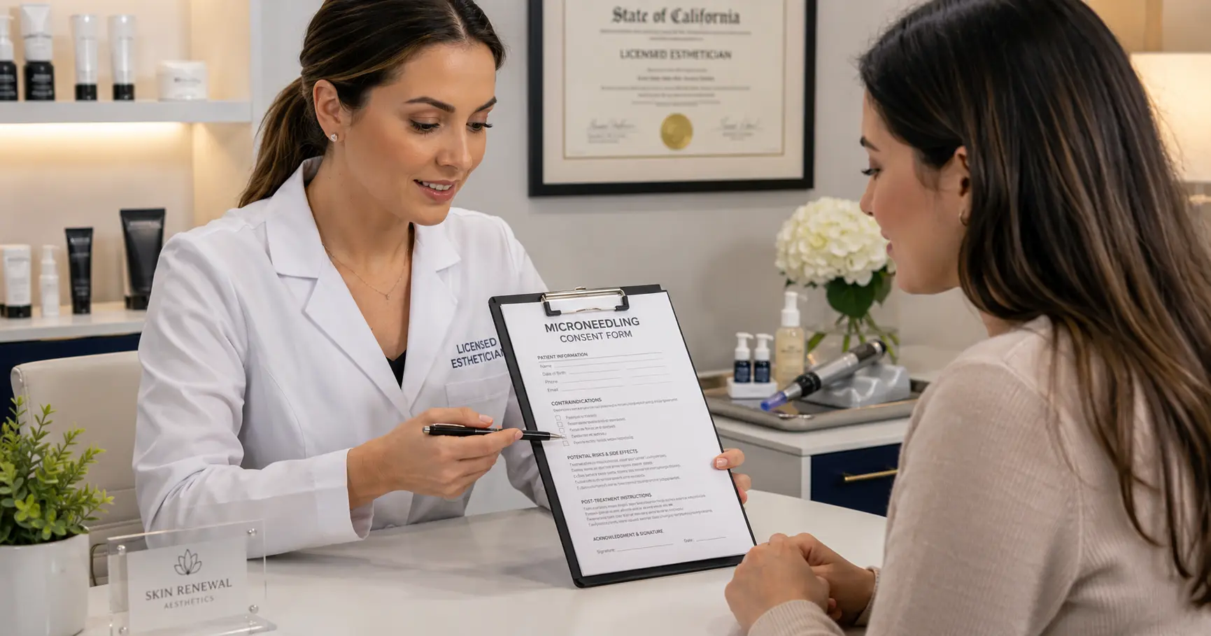 Licensed esthetician reviewing a microneedling consent form with a client before a professional collagen induction therapy treatment