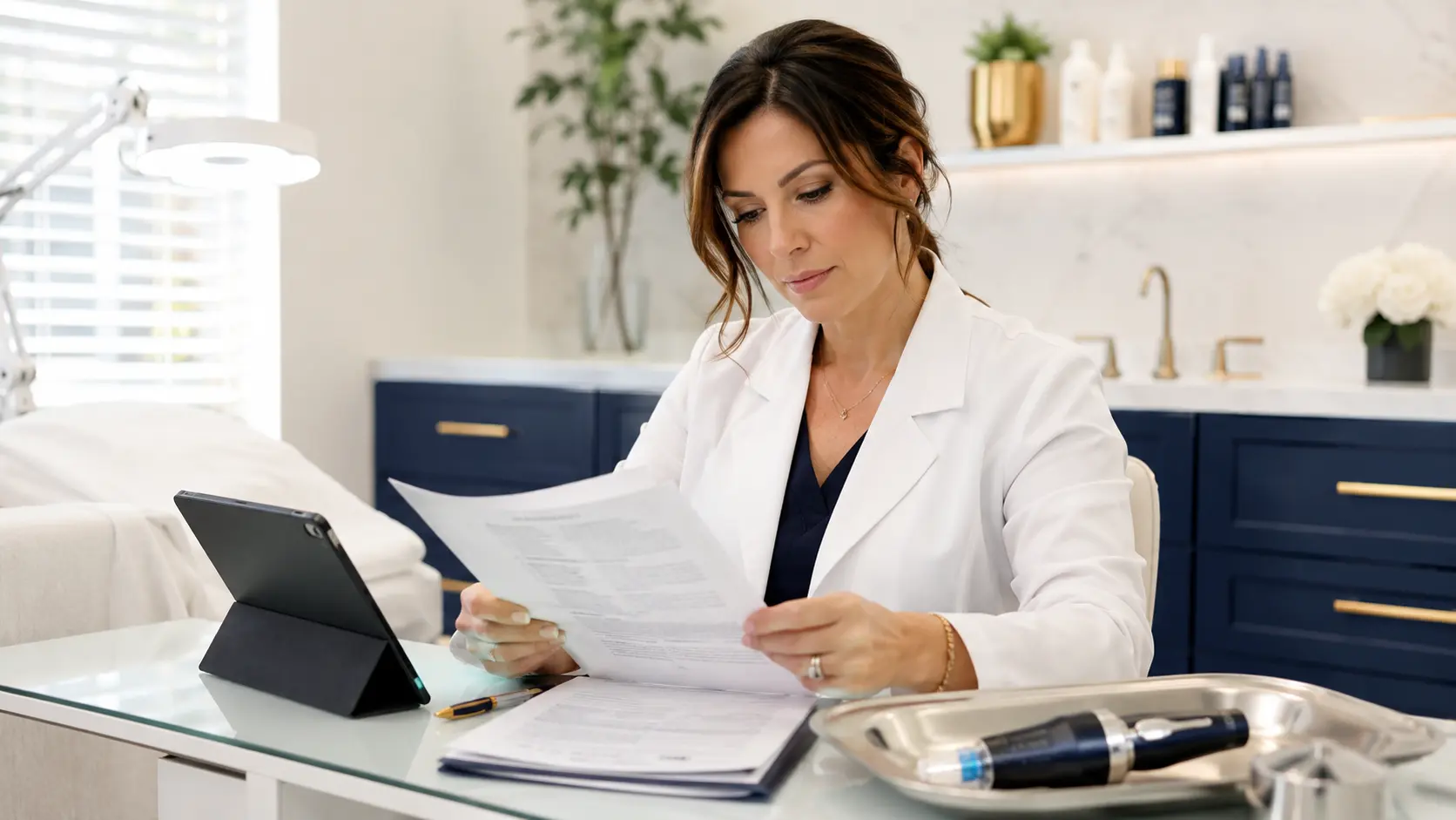 Licensed esthetician reviewing microneedling insurance policy documents at a professional treatment room desk