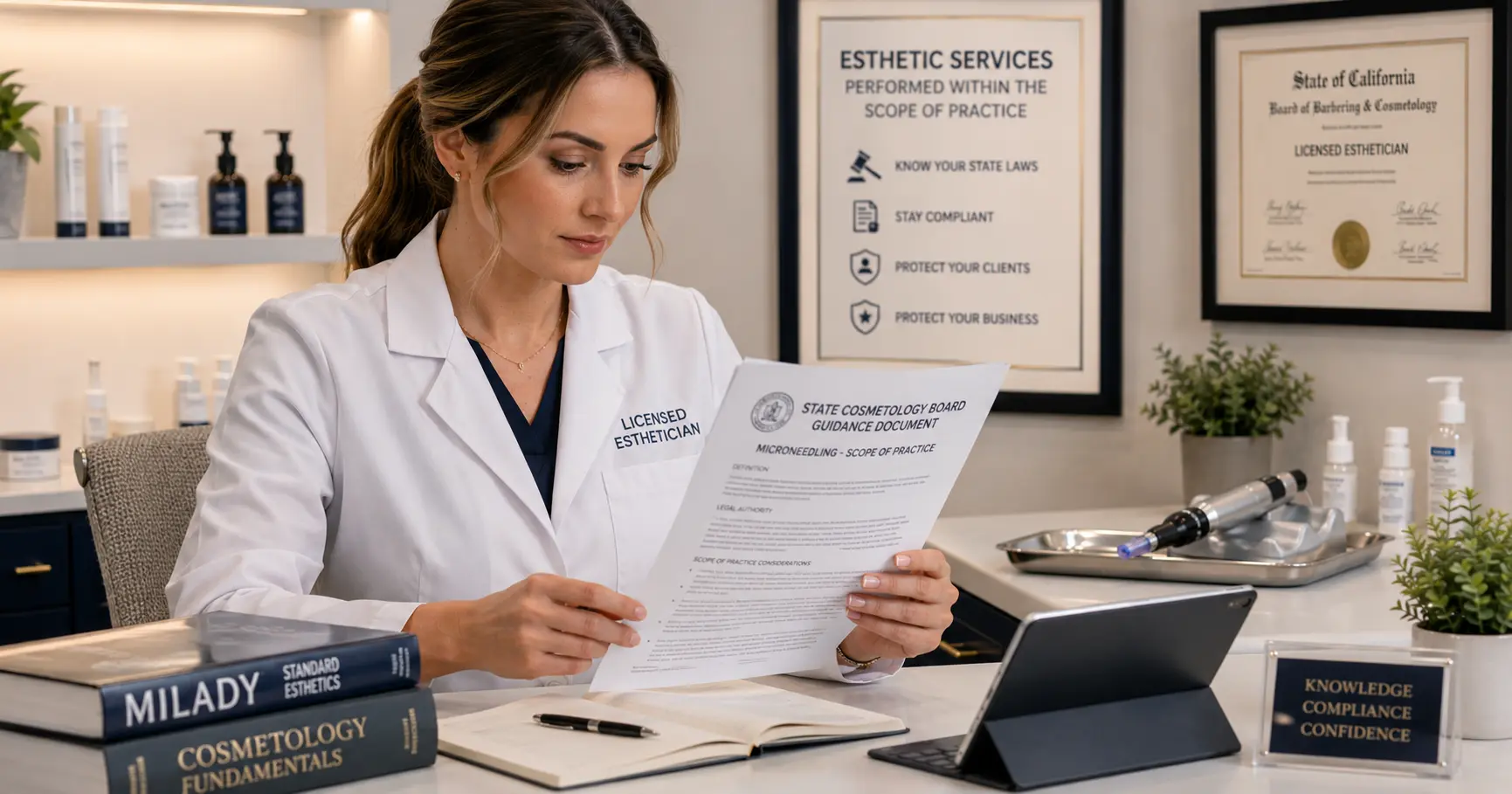 Licensed esthetician reviewing state cosmetology board regulations for microneedling scope of practice compliance