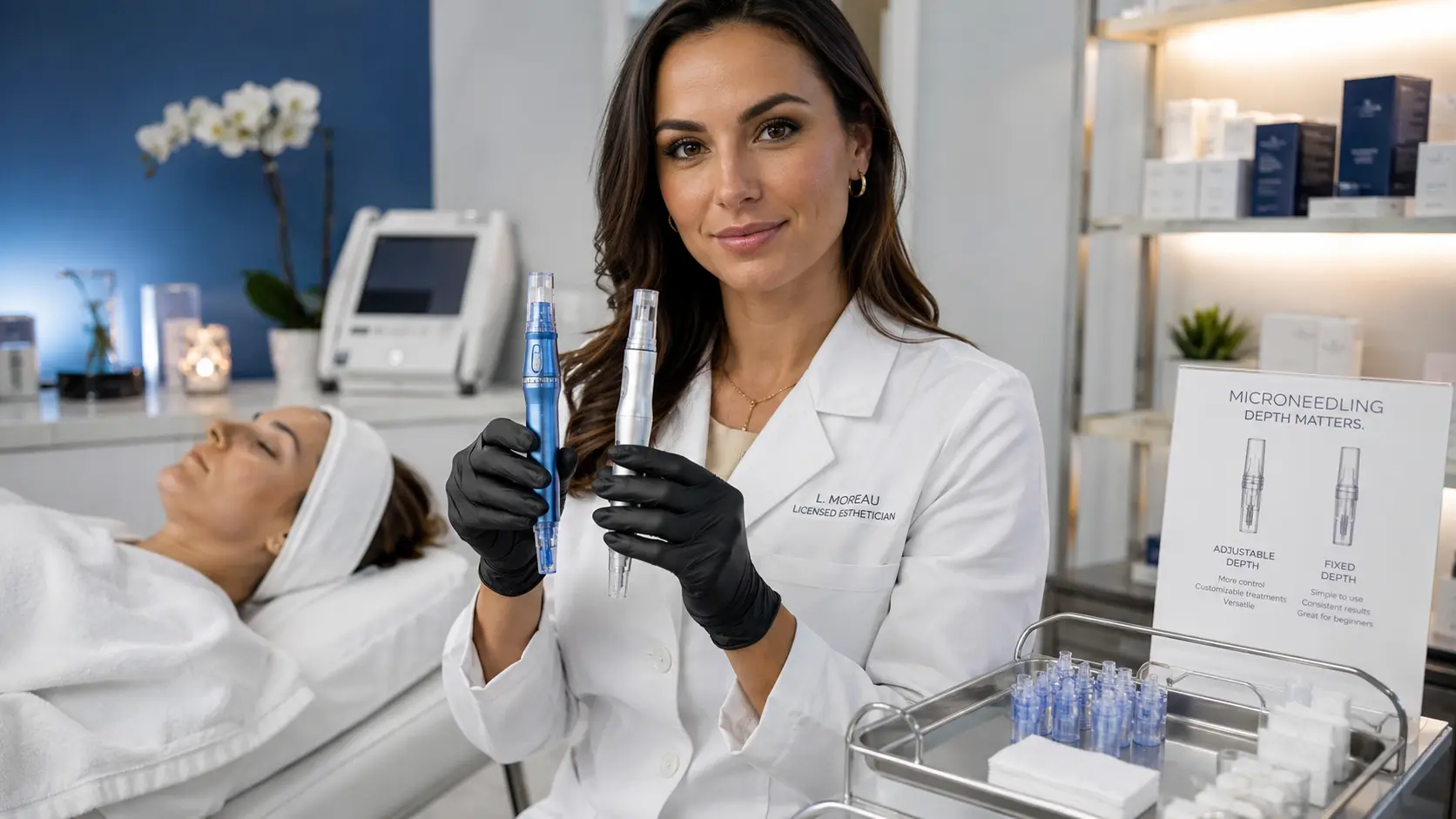Professional esthetician comparing adjustable depth and fixed depth microneedling devices in a clinical treatment room setting