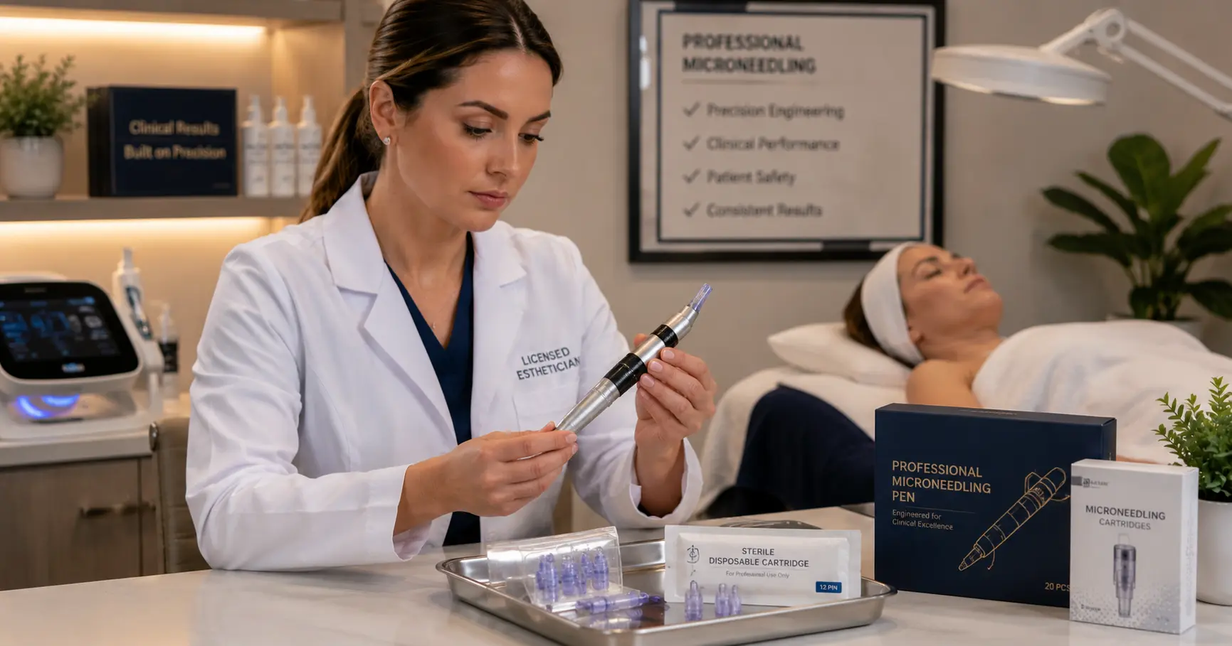 Licensed esthetician evaluating professional microneedling devices in a clinical treatment room environment