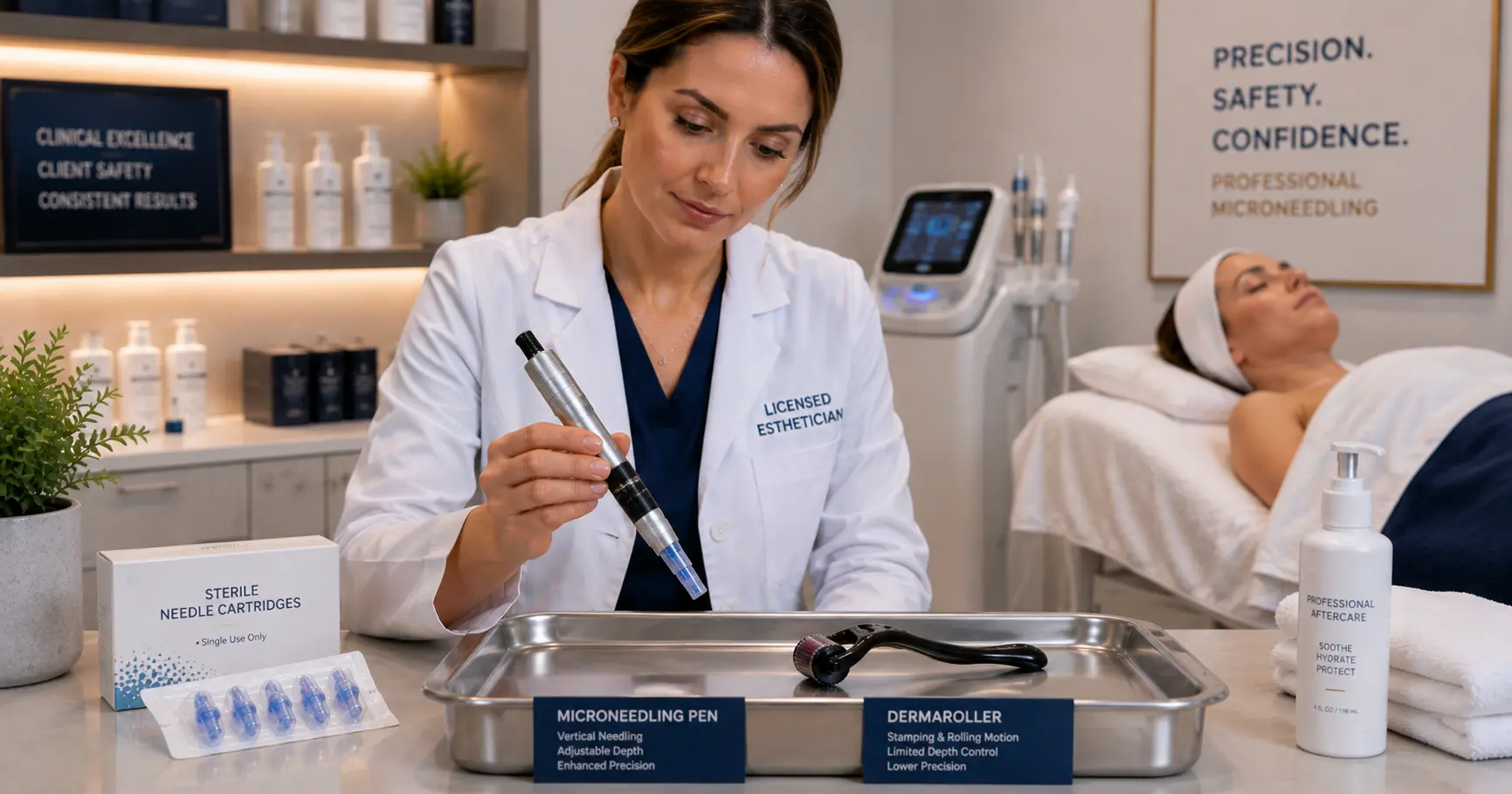 Professional esthetician comparing a microneedling pen device and a dermaroller on a clinical treatment tray in a licensed treatment room