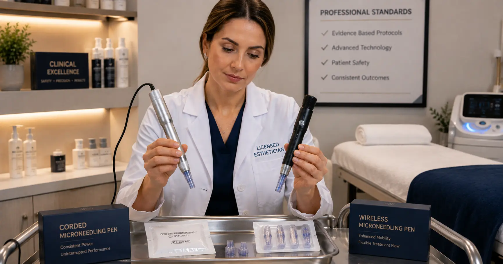 Professional esthetician comparing wireless and corded microneedling pen devices in a clinical treatment room setting