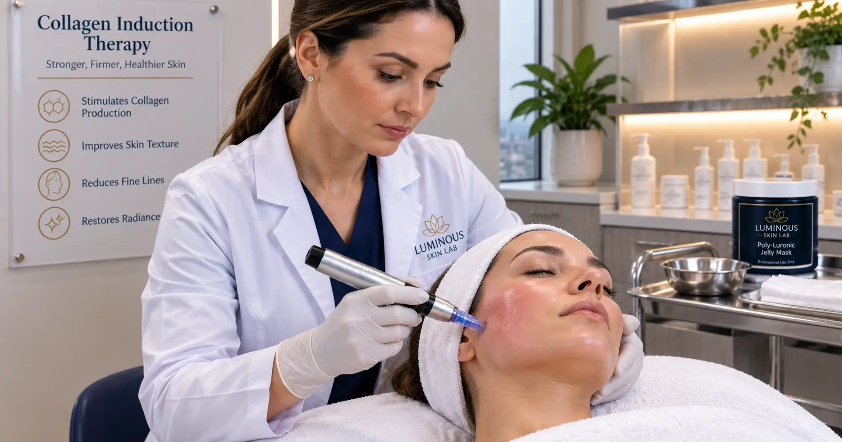 Licensed esthetician performing a professional microneedling treatment in a clinical setting, demonstrating collagen induction therapy technique