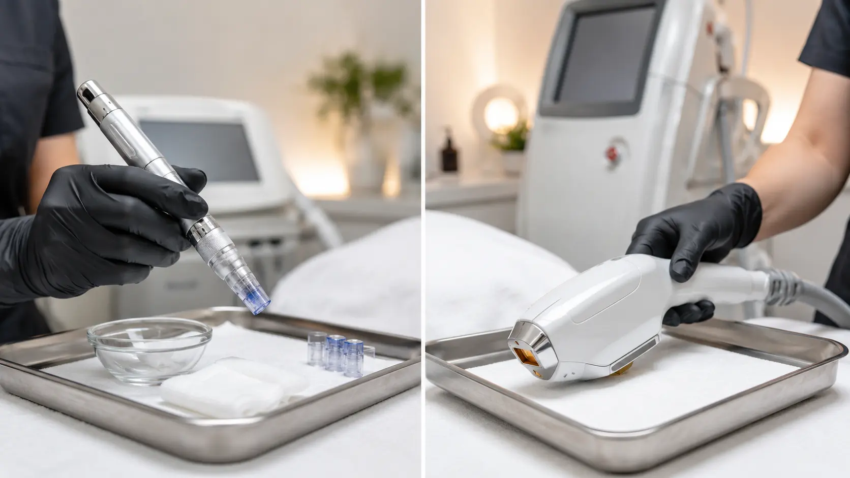 Side-by-side clinical treatment room comparison of a microneedling pen device and a laser handpiece representing the two primary collagen-stimulating modalities estheticians discuss with clients