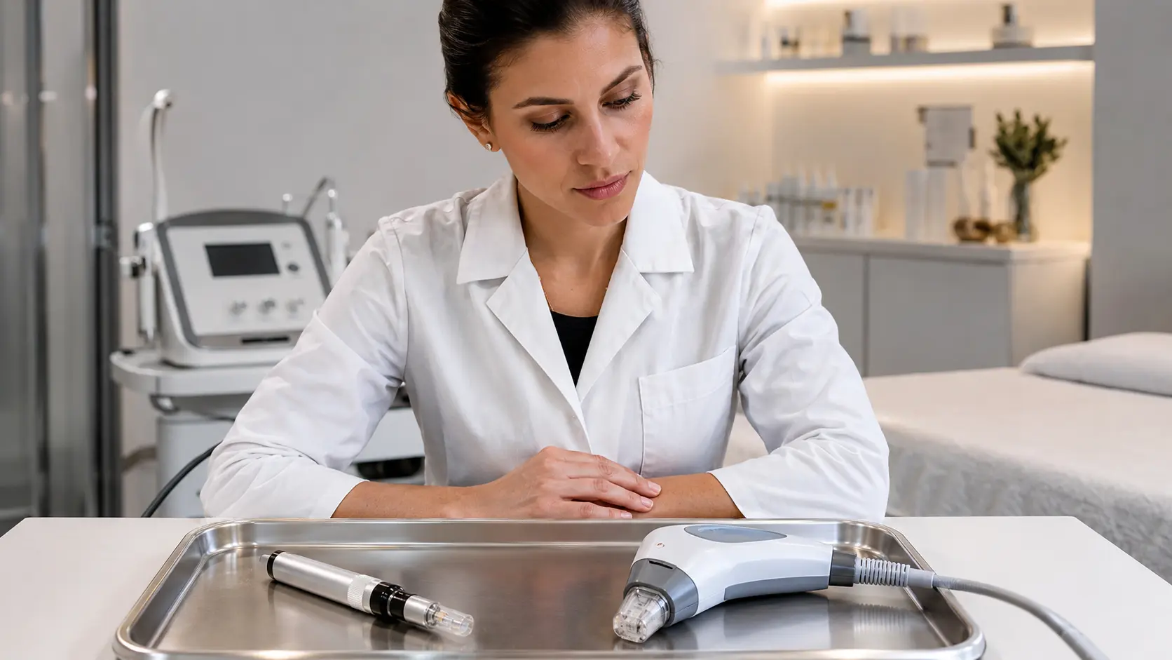 Professional esthetician reviewing microneedling device specifications and RF microneedling equipment side by side in a clinical treatment room setting
