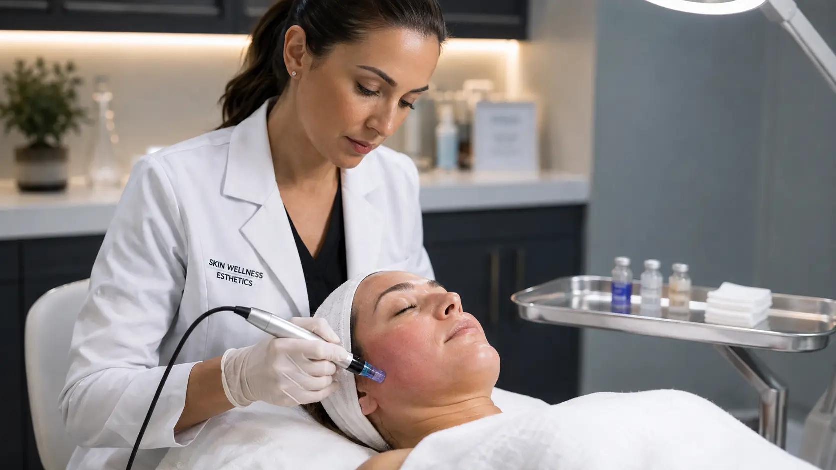 Licensed esthetician performing collagen induction therapy with a professional microneedling pen in a clinical treatment room