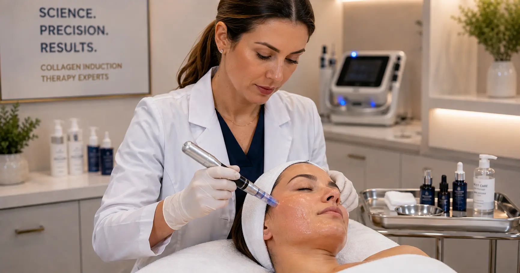 Licensed esthetician performing a professional microneedling collagen induction therapy treatment in a clinical treatment room setting