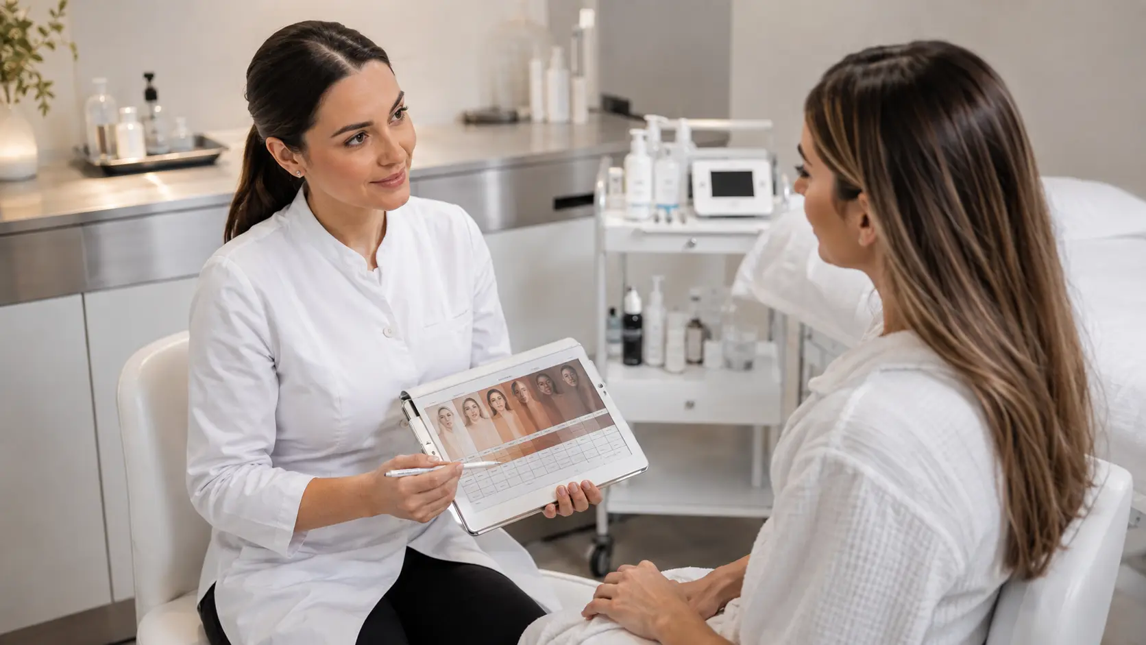 Licensed esthetician reviewing Fitzpatrick skin type chart during pre-microneedling consultation to assess hyperpigmentation risk