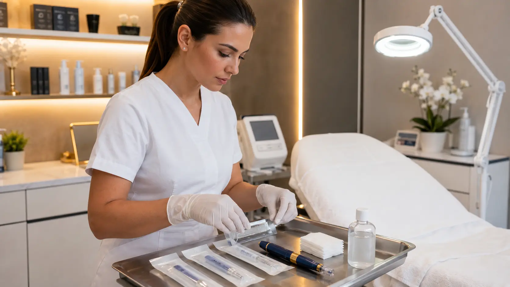 Professional esthetician preparing a microneedling treatment station with single-use cartridges and sterile barrier setup in a clinical treatment room