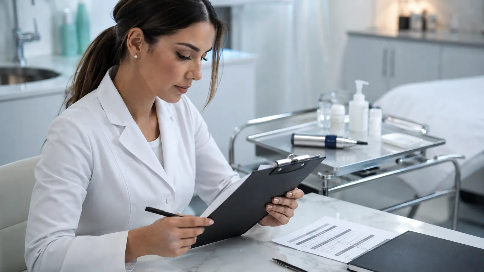 Professional esthetician reviewing a client intake form and contraindication checklist before a microneedling consultation in a clinical treatment room