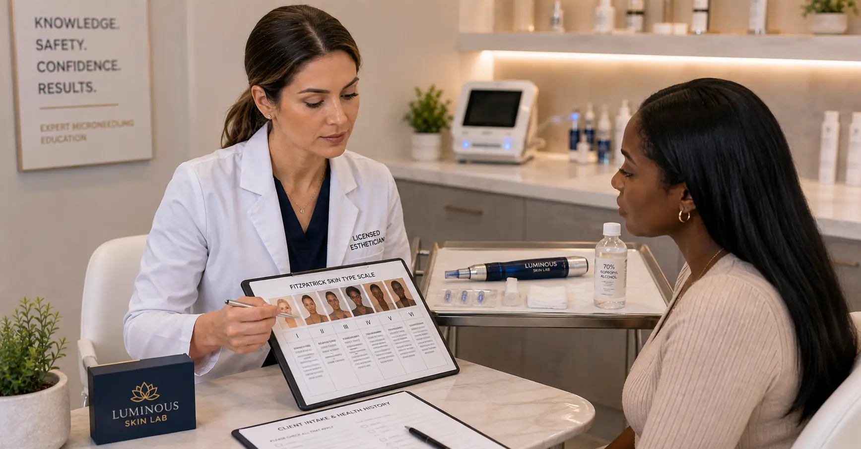 Esthetician reviewing Fitzpatrick scale chart before microneedling consultation for a client with deeper skin tone