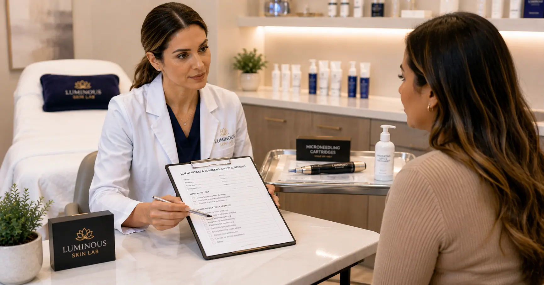 Esthetician reviewing a client intake and contraindication screening form before a microneedling consultation in a professional treatment room