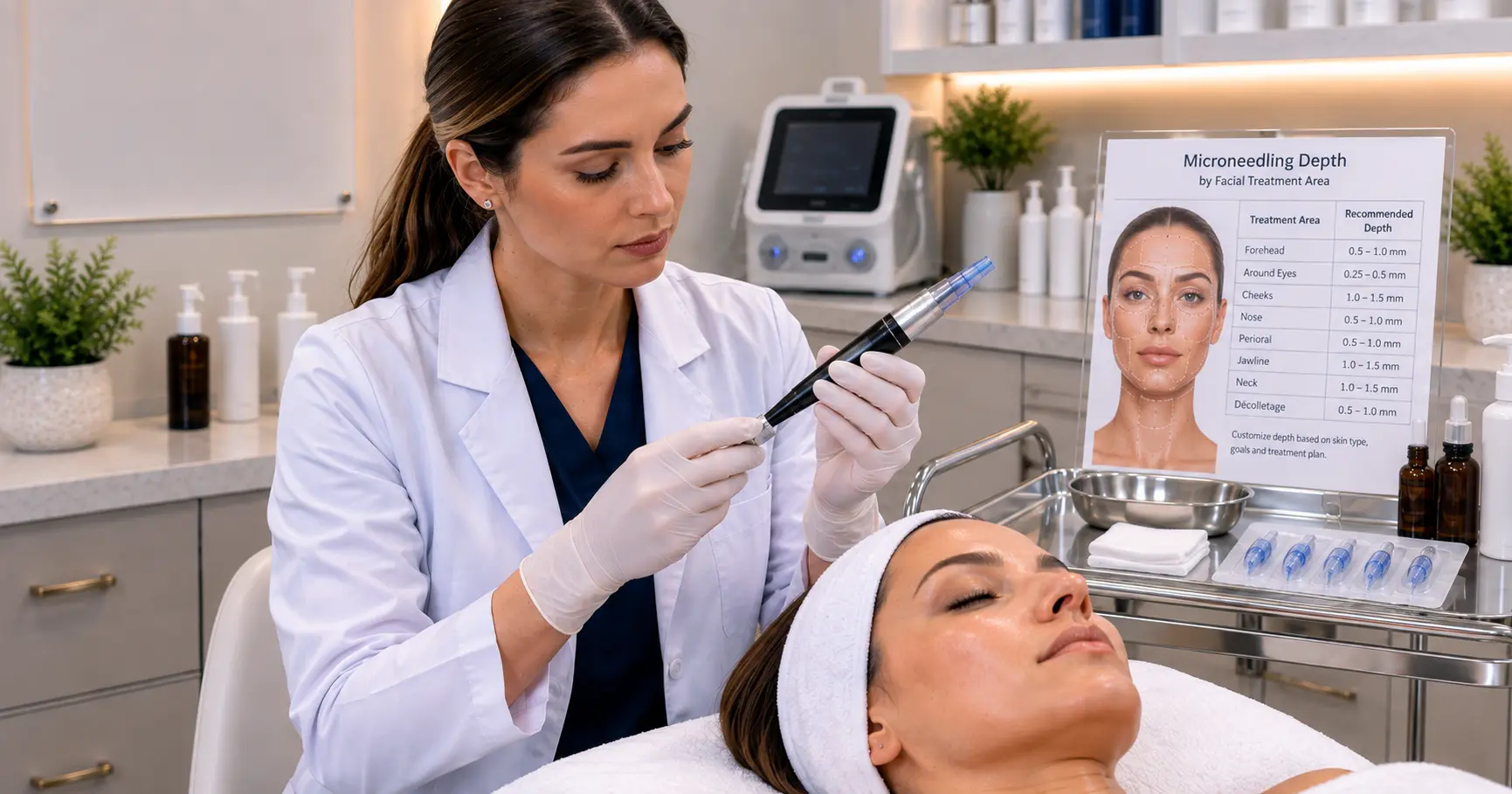 Licensed esthetician adjusting microneedling pen depth settings before a professional treatment, referencing a facial zone depth chart