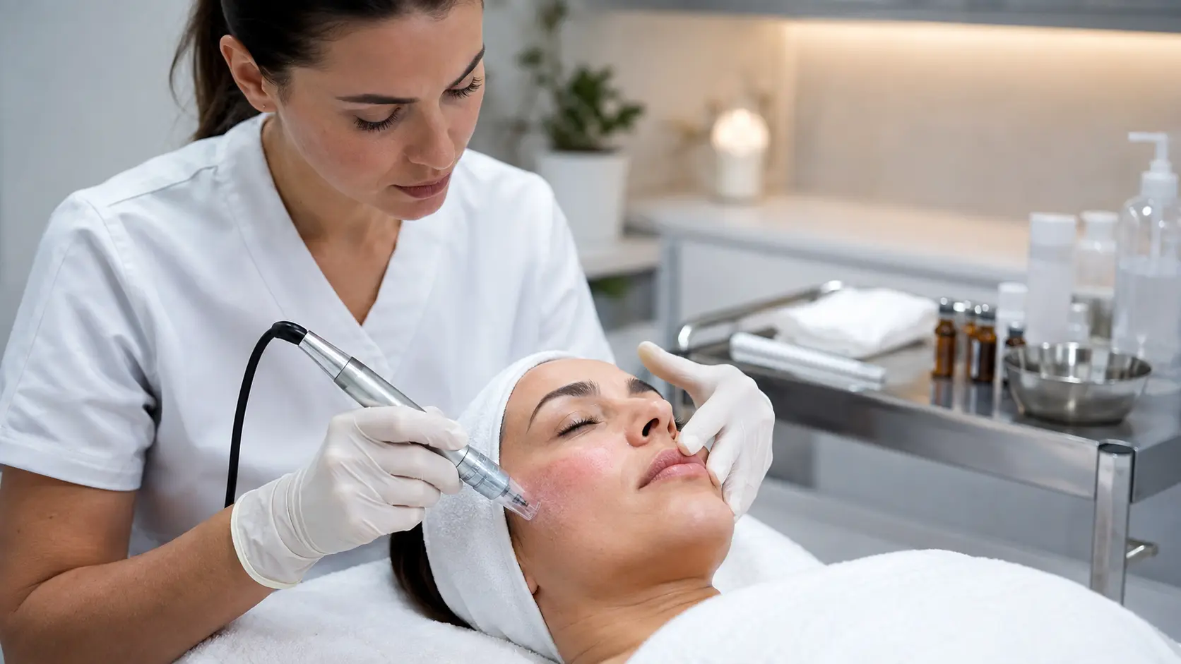 Licensed esthetician demonstrating precise crosshatch microneedling technique in a professional clinical treatment room setting