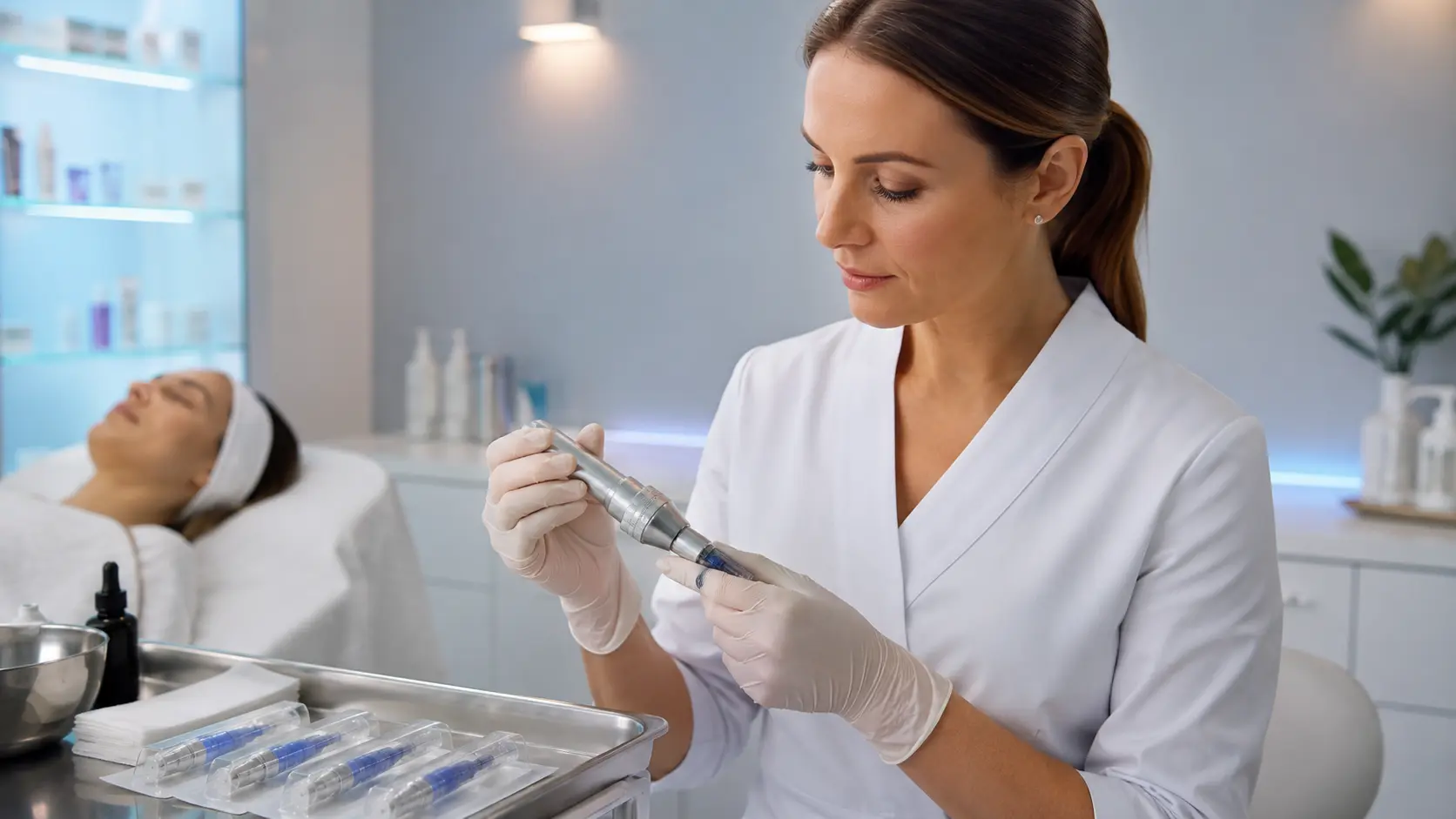 Licensed esthetician reviewing microneedling needle depth settings on a professional device prior to acne scar treatment