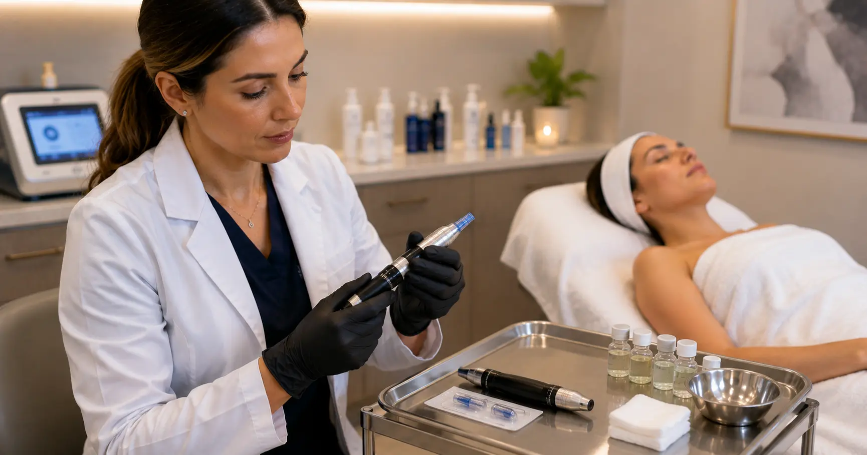 Licensed esthetician adjusting microneedling pen depth settings for fine line treatment in a professional clinical environment
