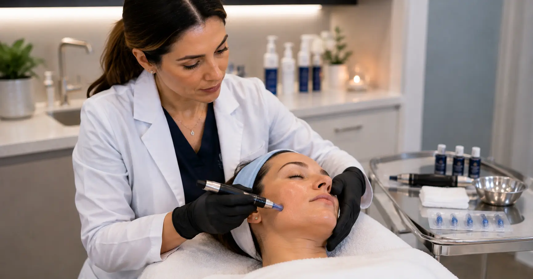 Licensed esthetician performing precision microneedling technique in a professional clinical treatment room setting