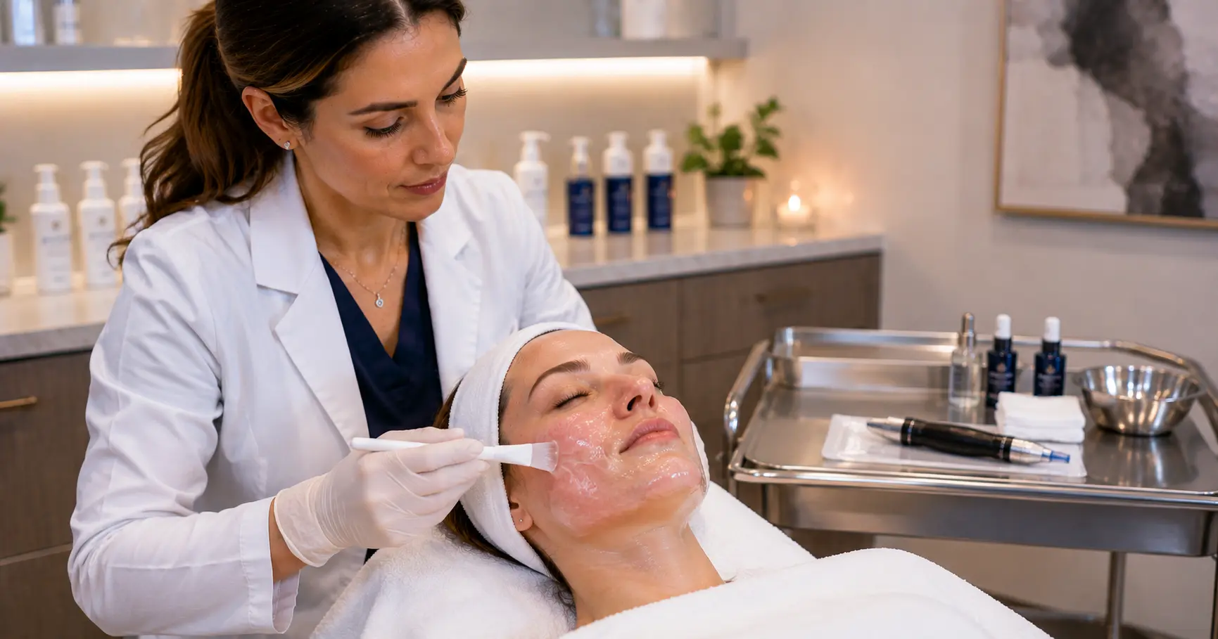 Licensed esthetician applying a professional jelly mask to a client immediately following a microneedling treatment