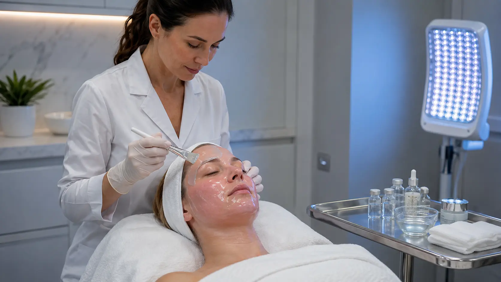 Licensed esthetician performing post-microneedling recovery protocol in a professional clinical treatment room