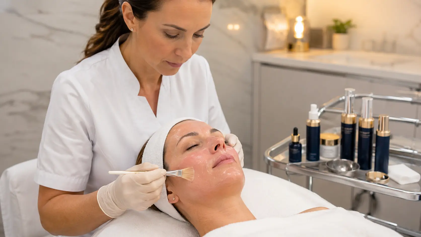 Licensed esthetician applying post-microneedling recovery products to a client in a professional clinical treatment room