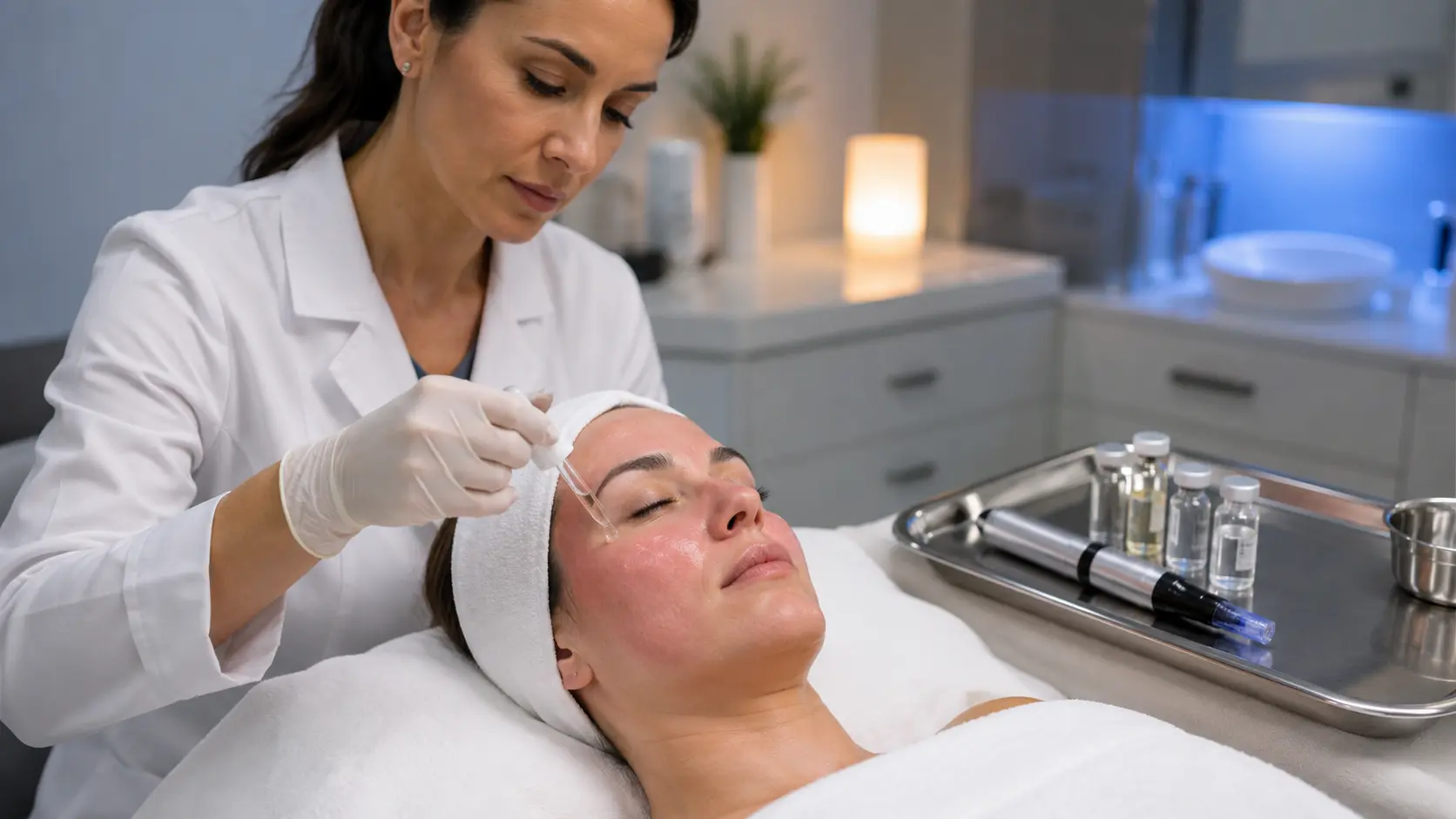 Professional esthetician applying post-microneedling hydration protocol in a clinical treatment room setting