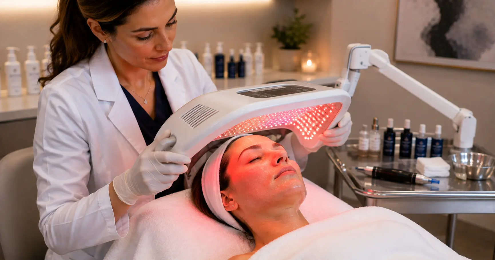 Professional esthetician positioning an LED light therapy panel over a client following a microneedling treatment in a clinical treatment room
