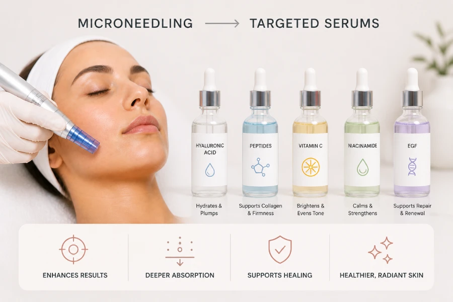 Esthetician applying a clear hyaluronic acid serum to a client&rsquo;s cheek during a professional microneedling treatment in a clinical spa setting
