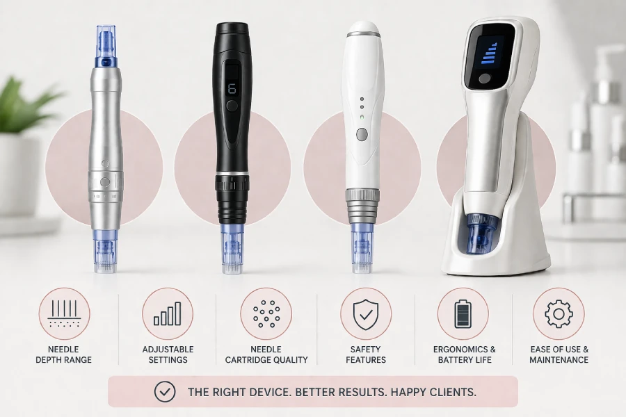 Professional esthetician examining a microneedling pen and cartridge system on a clinical treatment room counter