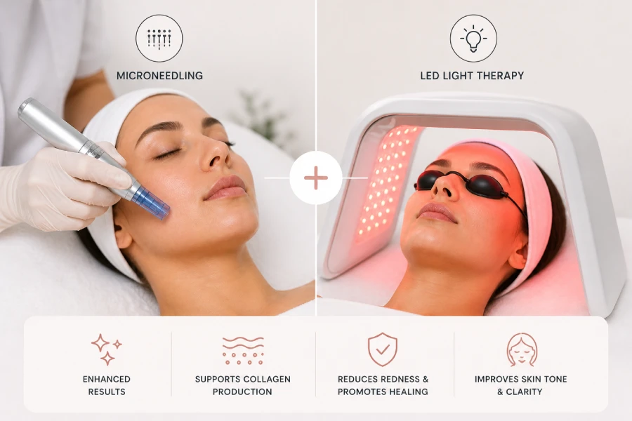 Esthetician positioning a professional LED panel over a client&rsquo;s face following a microneedling treatment in a clinical spa setting