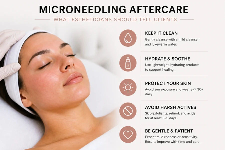 Esthetician reviewing post-microneedling skin recovery with a client in a professional treatment room setting.