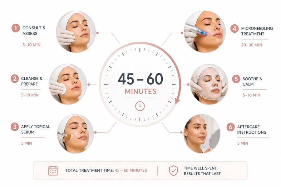 Professional esthetician reviewing a printed treatment timing protocol beside a clinical microneedling device in a clean, well-lit treatment room.