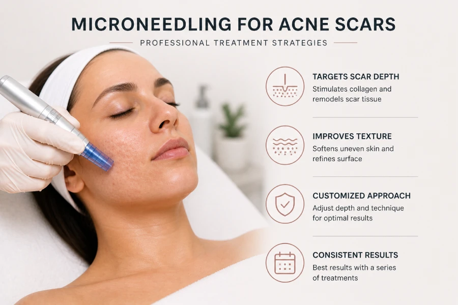 Esthetician performing a microneedling treatment on a client with acne scarring in a professional treatment room