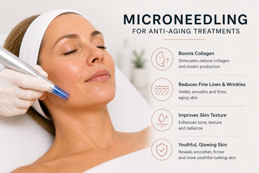Licensed esthetician performing microneedling anti-aging treatment on a mature female client in a professional spa treatment room