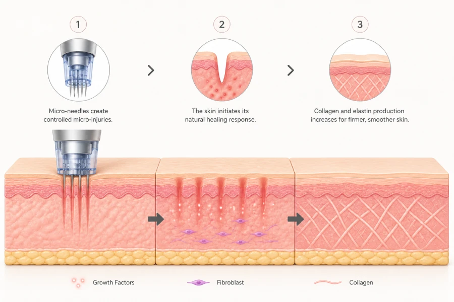 Esthetician performing professional microneedling treatment on a client in a clinical treatment room, with a microneedling pen device held against the cheek.