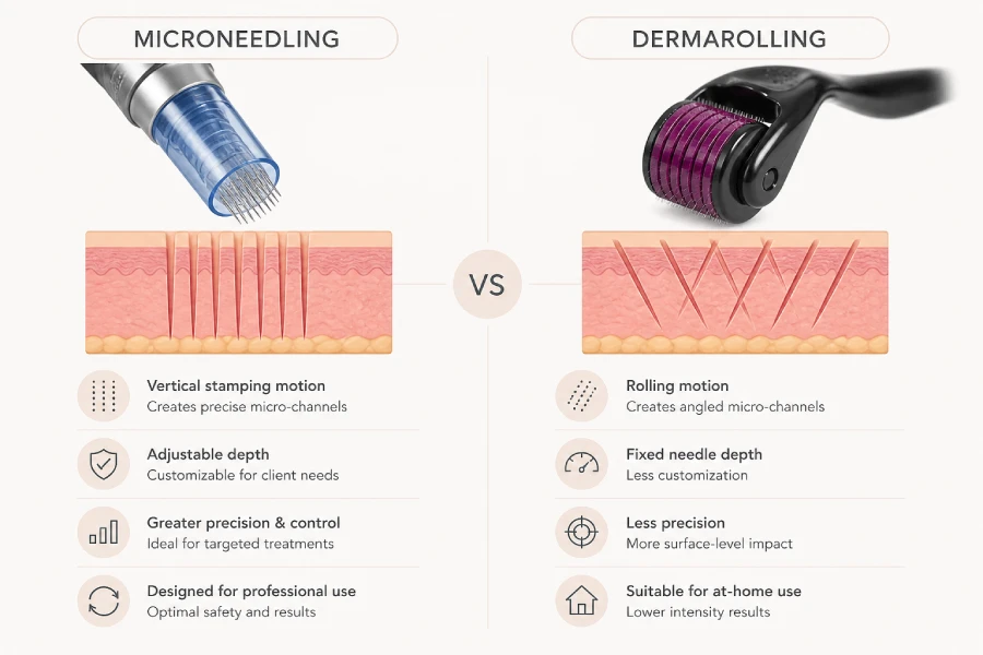 Professional esthetician holding a microneedling pen cartridge beside a consumer dermaroller on a clean treatment tray in a clinical treatment room