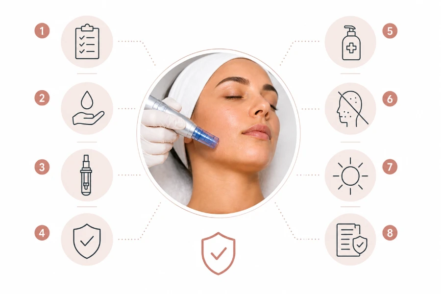Esthetician reviewing client intake forms and contraindication checklist at a treatment station before a microneedling session