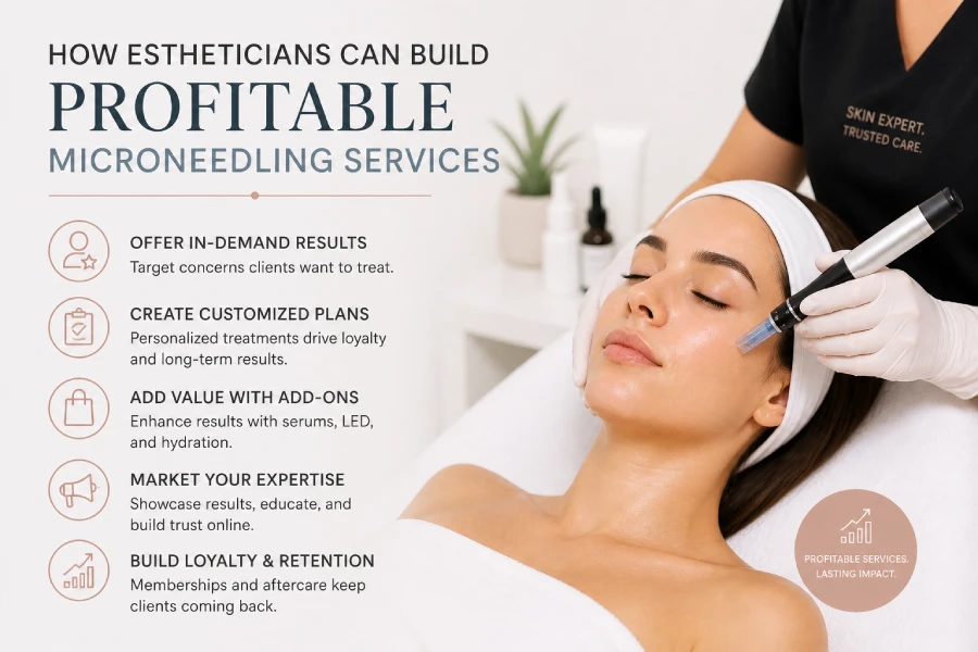 Professional esthetician reviewing a structured microneedling service menu with pricing sheets and a client consultation card in a clean, well-lit treatment room.