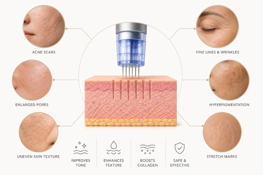 Licensed esthetician reviewing client skin assessment chart before a microneedling treatment in a professional treatment room
