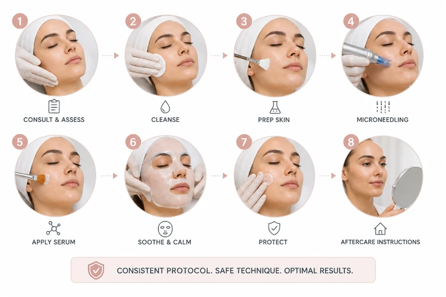 Licensed esthetician performing a systematic microneedling treatment on a client in a clean professional spa treatment room, showing correct device angle and hand position.
