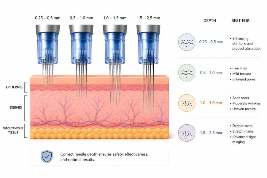 A licensed esthetician adjusting the needle depth dial on a professional microneedling pen device in a clean clinical treatment room