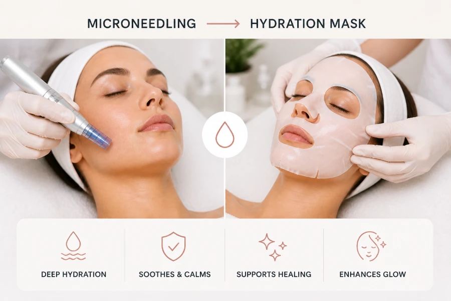 Esthetician applying a white jelly hydration mask to a client&rsquo;s face immediately after a microneedling treatment in a professional treatment room