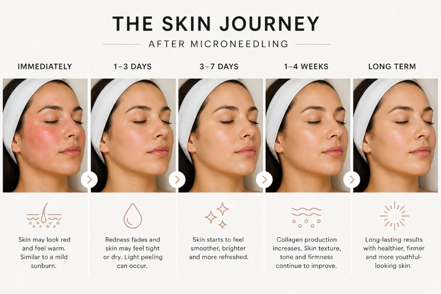 Esthetician reviewing post-microneedling skin response on a client in a professional treatment room, noting erythema and barrier response under clinical lighting.