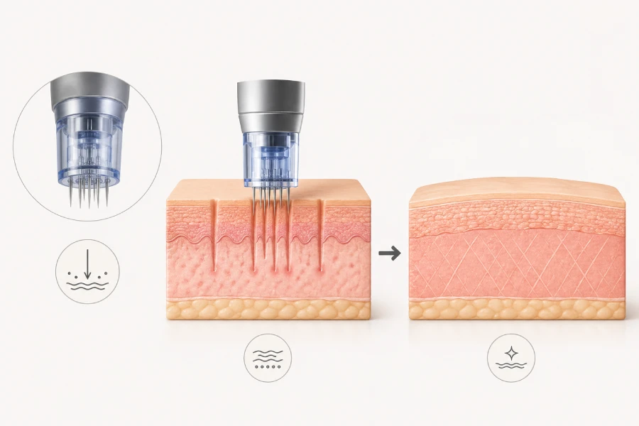 Licensed esthetician performing professional microneedling on a client in a clean clinical treatment room